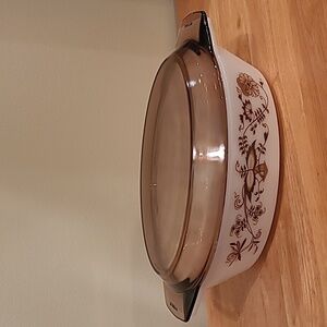 PYREX Vintage Mid Century Modern Brown Vine Pattern Casserole Dish with Lid